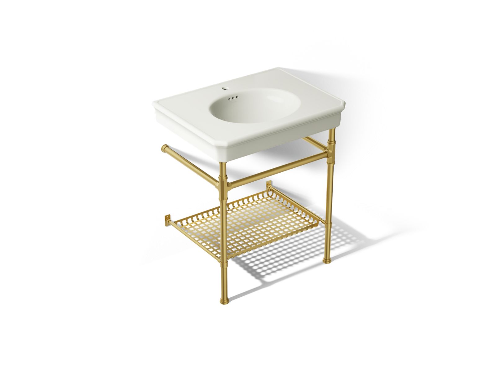 KOHLER K-39304-1 Claude 30" Rectangular Console Table Bathroom Sink, Dune with Vibrant Brushed Moderne Brass - 3/4 view of pr