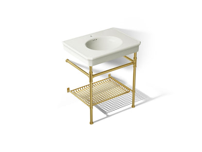 KOHLER K-39304-1 Claude 30" Rectangular Console Table Bathroom Sink, Dune with Vibrant Brushed Moderne Brass - 3/4 view of pr