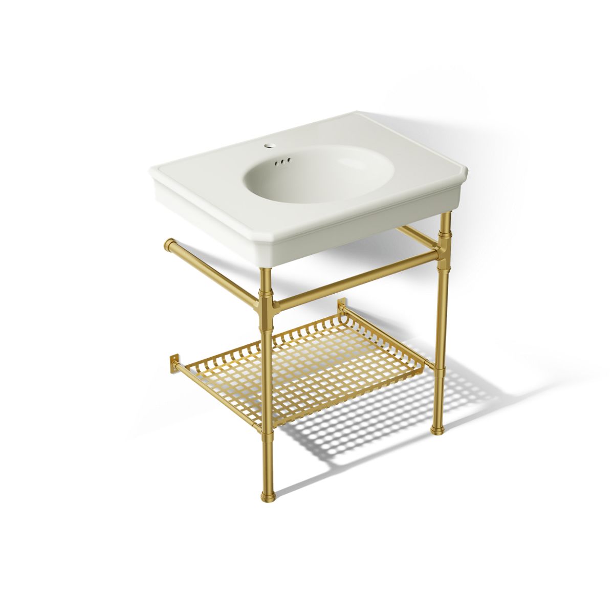 KOHLER K-39304-1 Claude 30" Rectangular Console Table Bathroom Sink, Dune with Vibrant Brushed Moderne Brass - 3/4 view of pr