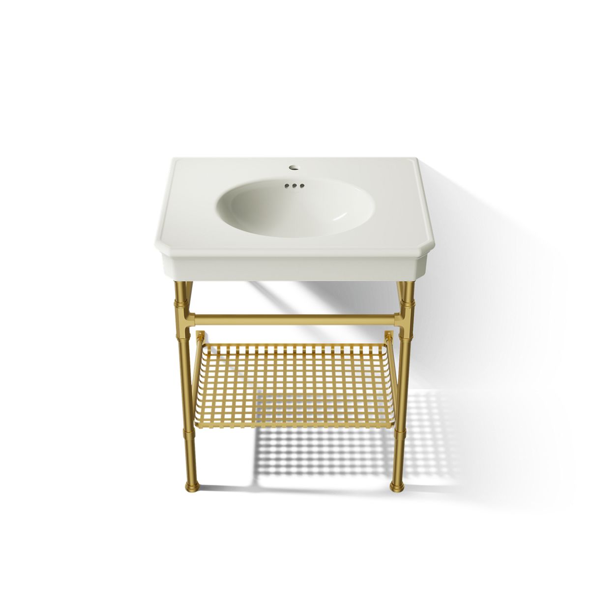 KOHLER K-39304-1 Claude 30" Rectangular Console Table Bathroom Sink, Dune with Vibrant Brushed Moderne Brass - Detail image o
