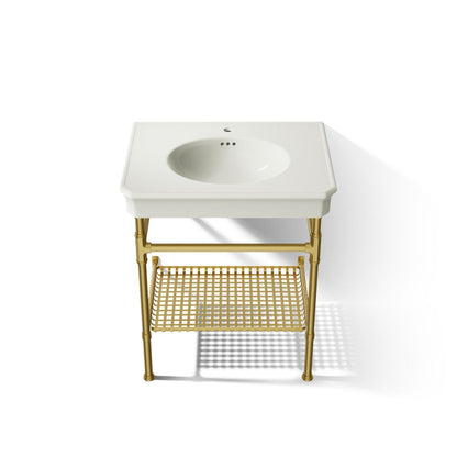KOHLER K-39304-1 Claude 30" Rectangular Console Table Bathroom Sink, Dune with Vibrant Brushed Moderne Brass - Detail image o