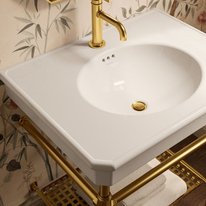 KOHLER K-39304-1 Claude 30" Rectangular Console Table Bathroom Sink, Dune with Vibrant Brushed Moderne Brass - Shows close up