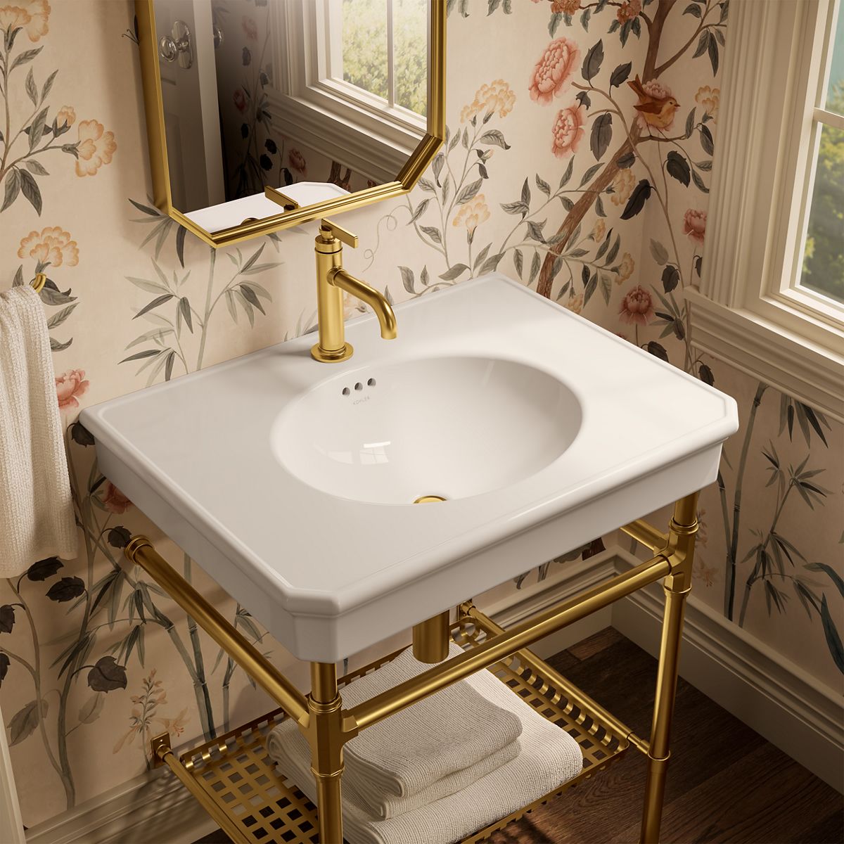 KOHLER K-39304-1 Claude 30" Rectangular Console Table Bathroom Sink, Dune with Vibrant Brushed Moderne Brass - image focused 