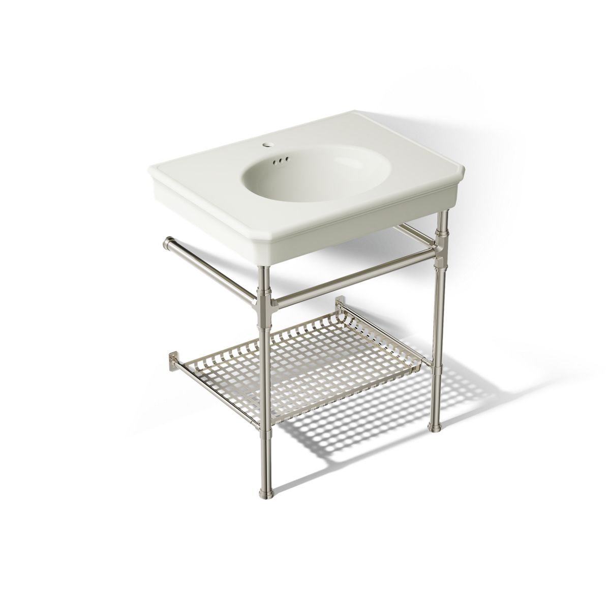 KOHLER K-39304-1 Claude 30" Rectangular Console Table Bathroom Sink, Dune with Vibrant Polished Nickel - 3/4 view of product
