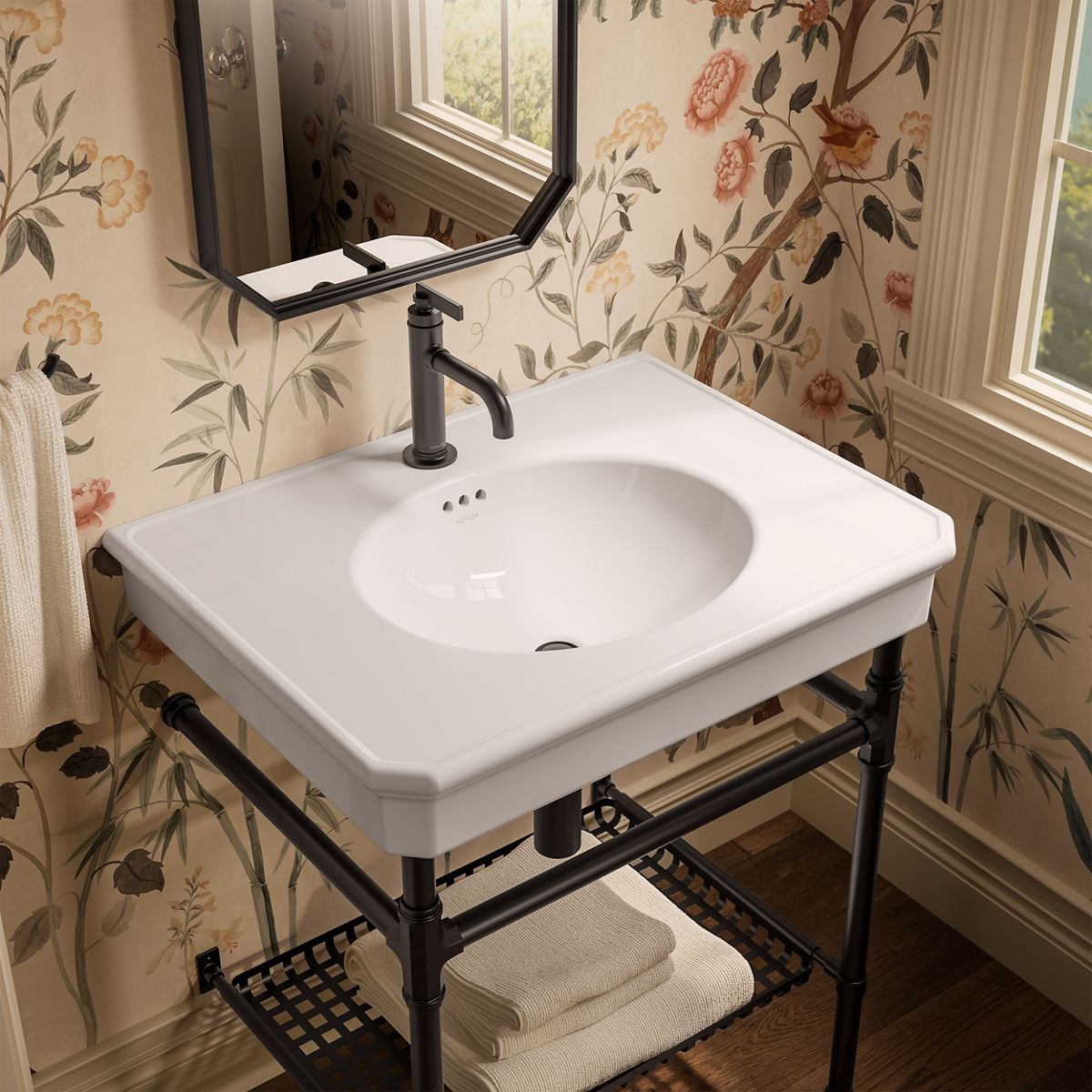 KOHLER K-39304-1 Claude 30" Rectangular Console Table Bathroom Sink, White with Black - image focused on single product story