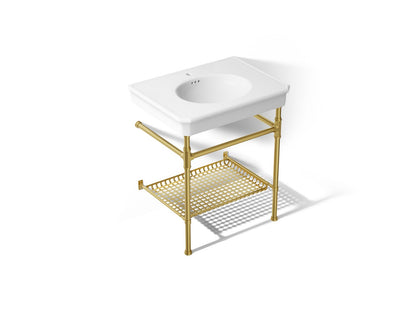 KOHLER K-39304-1 Claude 30" Rectangular Console Table Bathroom Sink, White with Vibrant Brushed Moderne Brass - 3/4 view of p