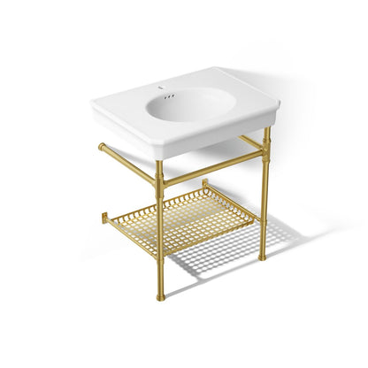 KOHLER K-39304-1 Claude 30" Rectangular Console Table Bathroom Sink, White with Vibrant Brushed Moderne Brass - 3/4 view of p