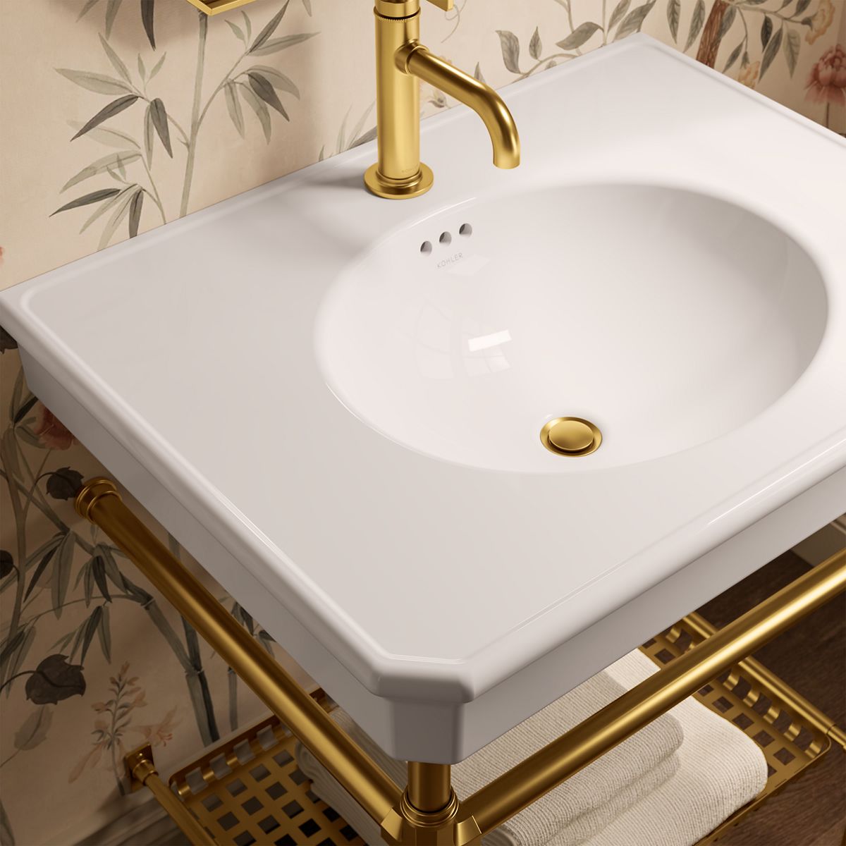 KOHLER K-39304-1 Claude 30" Rectangular Console Table Bathroom Sink, White with Vibrant Brushed Moderne Brass - Shows close u