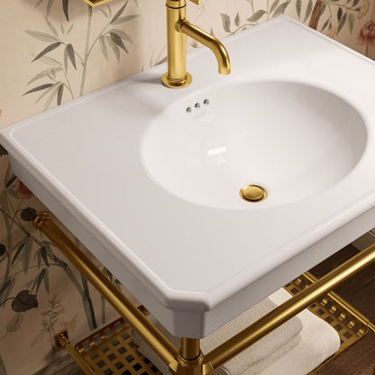 KOHLER K-39304-1 Claude 30" Rectangular Console Table Bathroom Sink, White with Vibrant Brushed Moderne Brass - Shows close u