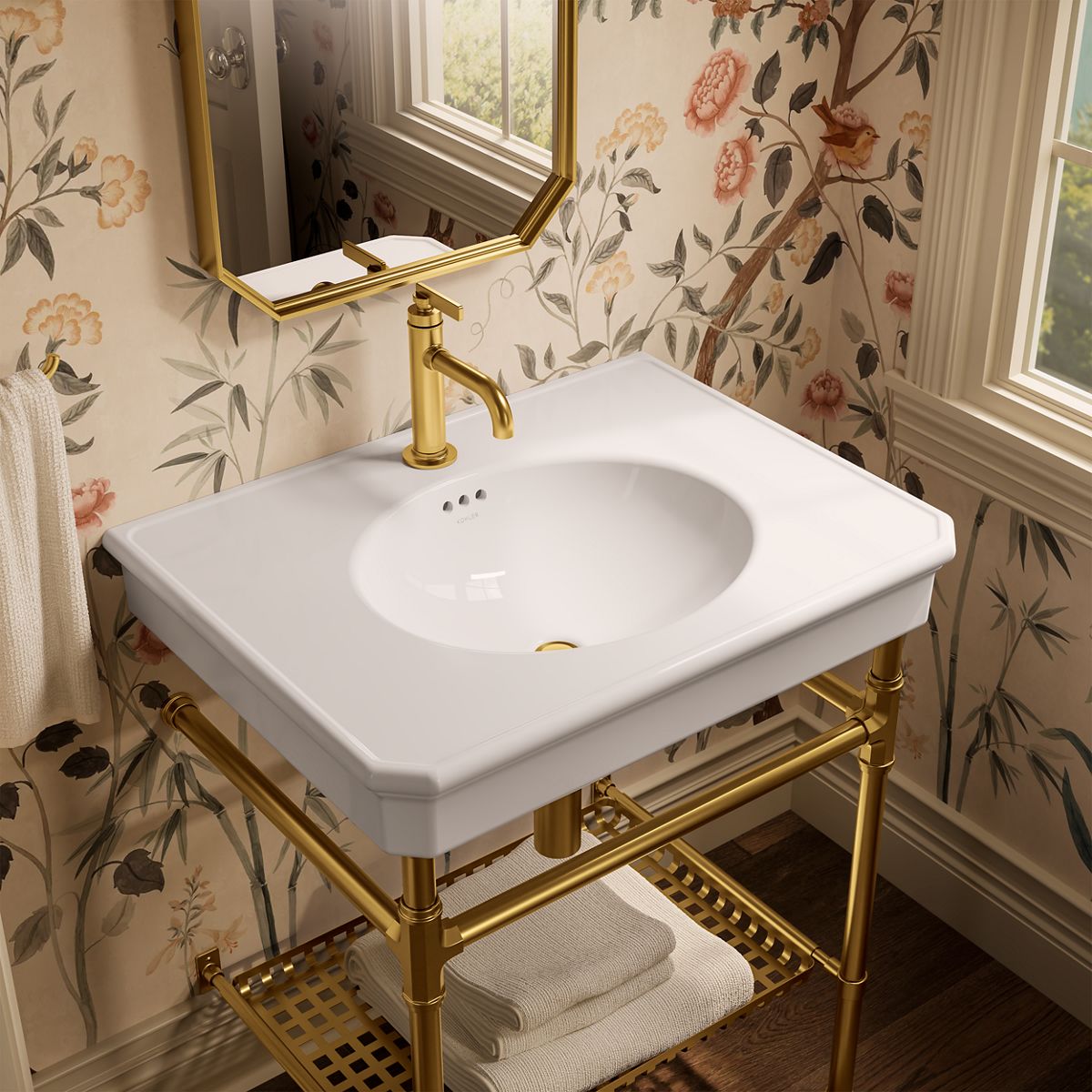 KOHLER K-39304-1 Claude 30" Rectangular Console Table Bathroom Sink, White with Vibrant Brushed Moderne Brass - image focused