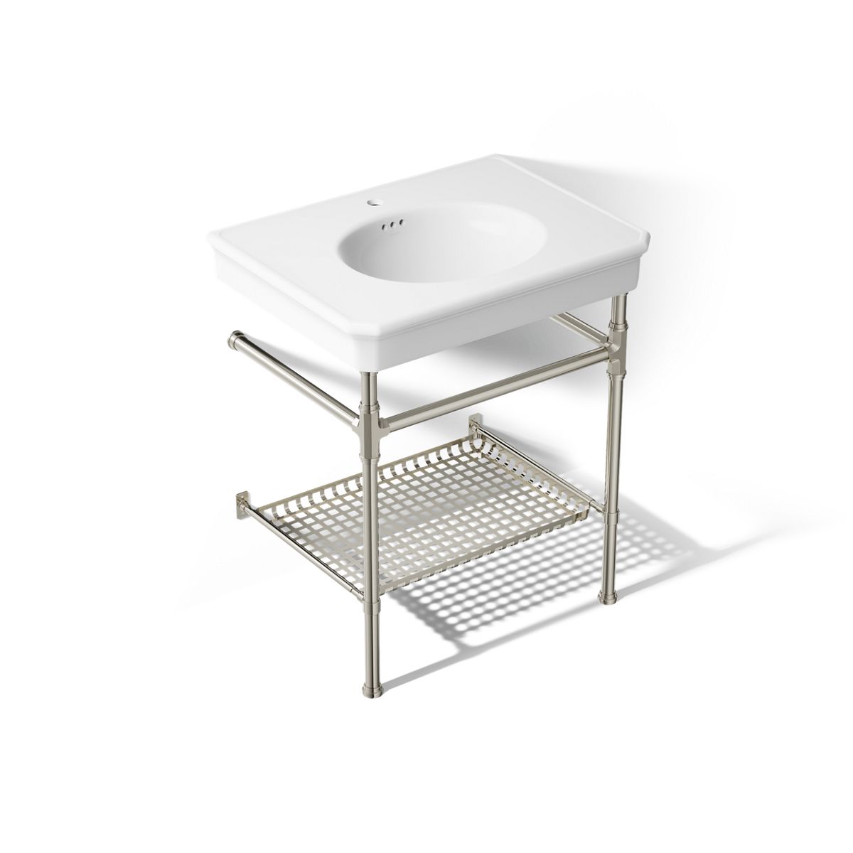 KOHLER K-39304-1 Claude 30" Rectangular Console Table Bathroom Sink, White with Vibrant Polished Nickel - 3/4 view of product
