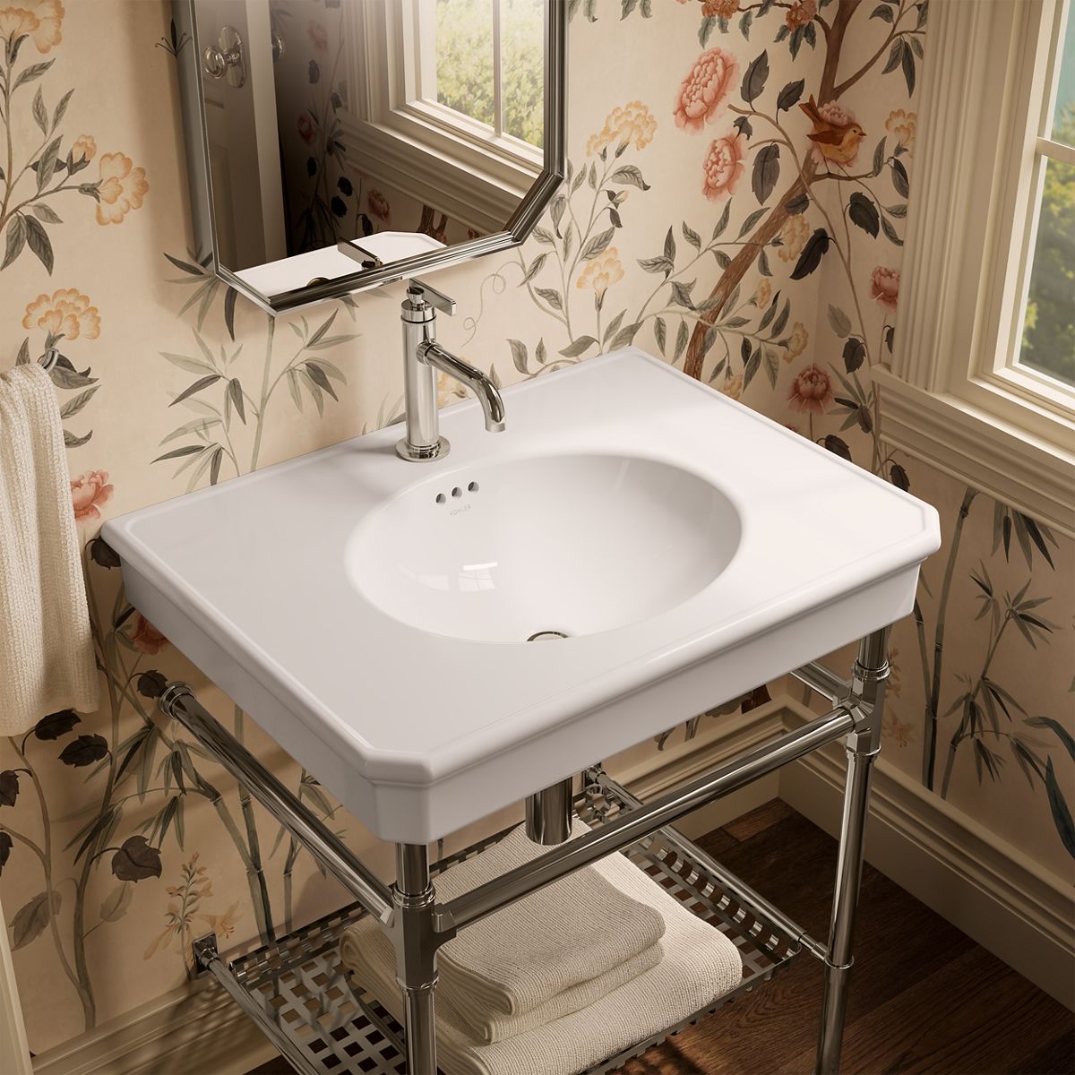 KOHLER K-39304-1 Claude 30" Rectangular Console Table Bathroom Sink, White with Vibrant Polished Nickel - image focused on si