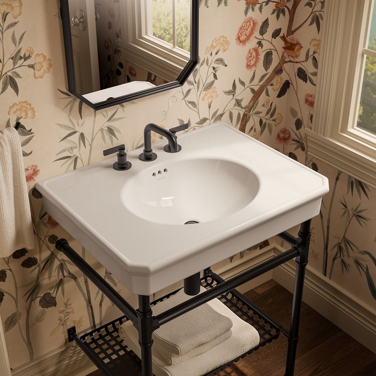 KOHLER K-39304-8 Claude 30" Rectangular Console Table Bathroom Sink, Dune with Matte Black - image focused on single product 