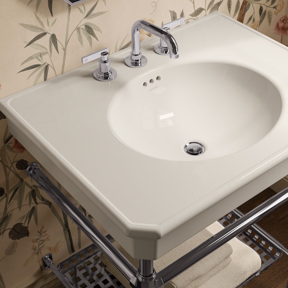 KOHLER K-39304-8 Claude 30" Rectangular Console Table Bathroom Sink, Dune with Polished Chrome - Shows close up detail of pro