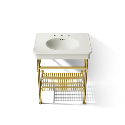 KOHLER K-39304-8 Claude 30" Rectangular Console Table Bathroom Sink, Dune with Vibrant Brushed Moderne Brass - Detail image o