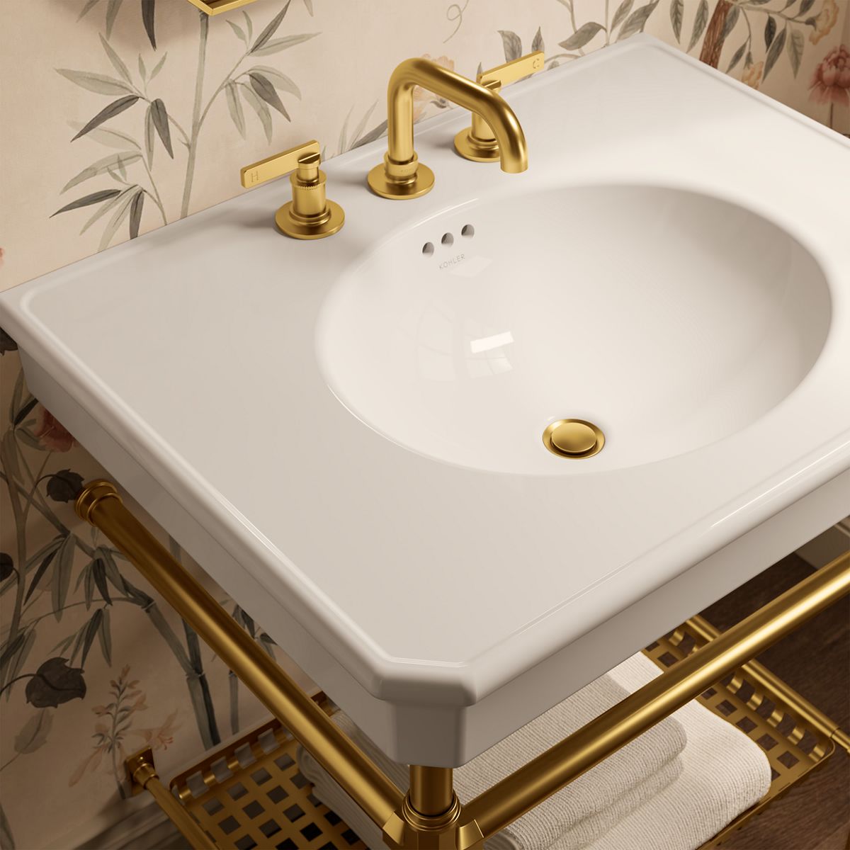 KOHLER K-39304-8 Claude 30" Rectangular Console Table Bathroom Sink, Dune with Vibrant Brushed Moderne Brass - Shows close up
