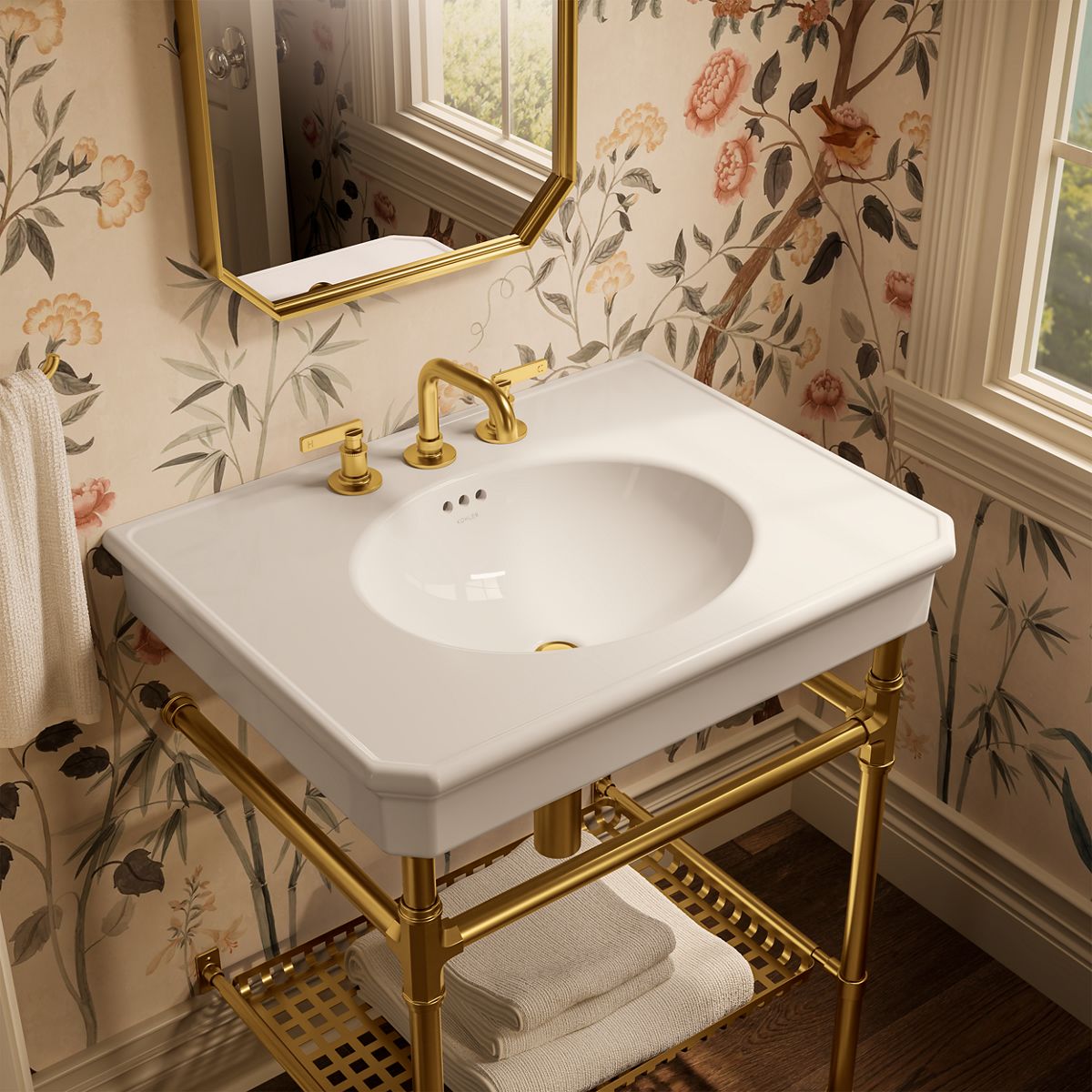 KOHLER K-39304-8 Claude 30" Rectangular Console Table Bathroom Sink, Dune with Vibrant Brushed Moderne Brass - image focused 