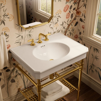 KOHLER K-39304-8 Claude 30" Rectangular Console Table Bathroom Sink, Dune with Vibrant Brushed Moderne Brass - image focused 