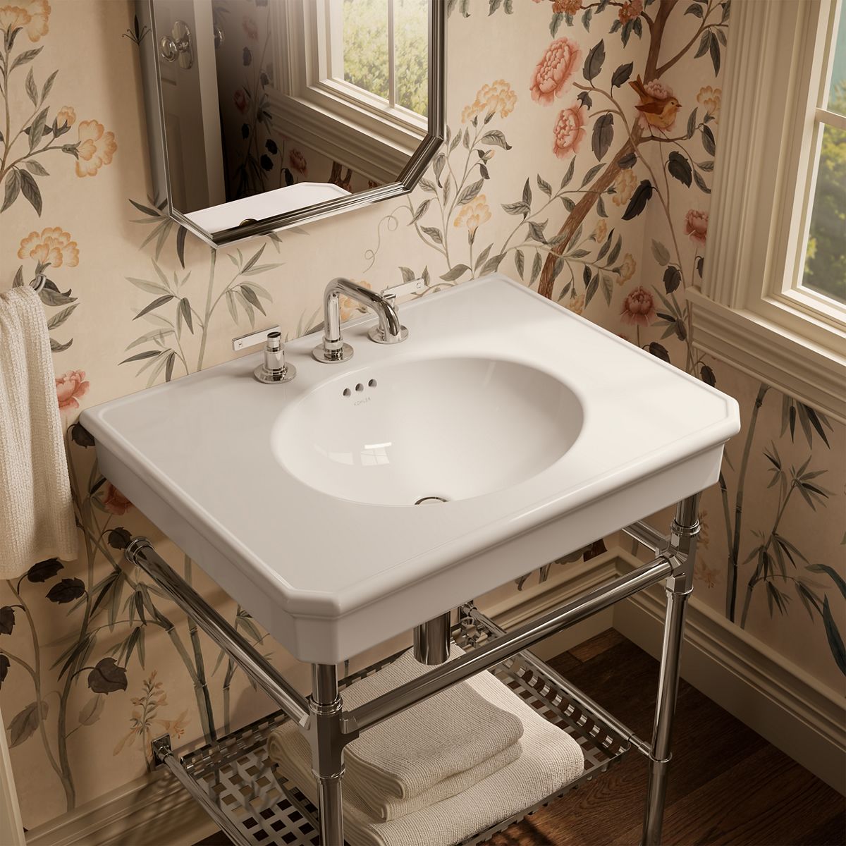 KOHLER K-39304-8 Claude 30" Rectangular Console Table Bathroom Sink, Dune with Vibrant Polished Nickel - image focused on sin