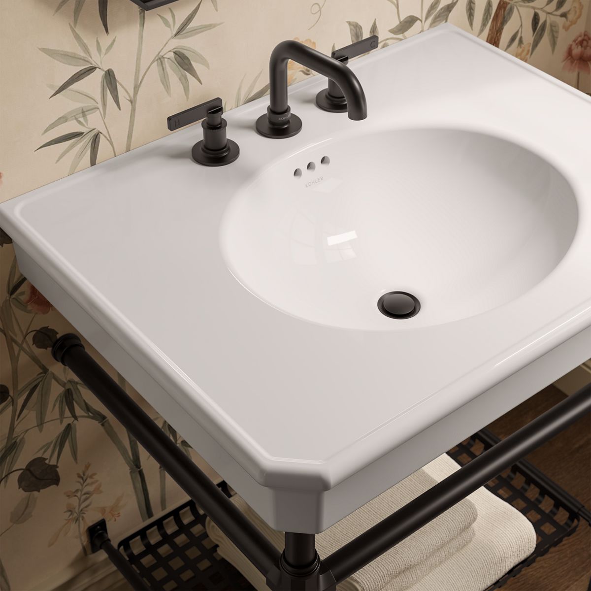 KOHLER K-39304-8 Claude 30" Rectangular Console Table Bathroom Sink, White with Black - Shows close up detail of product in r