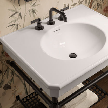 KOHLER K-39304-8 Claude 30" Rectangular Console Table Bathroom Sink, White with Black - Shows close up detail of product in r