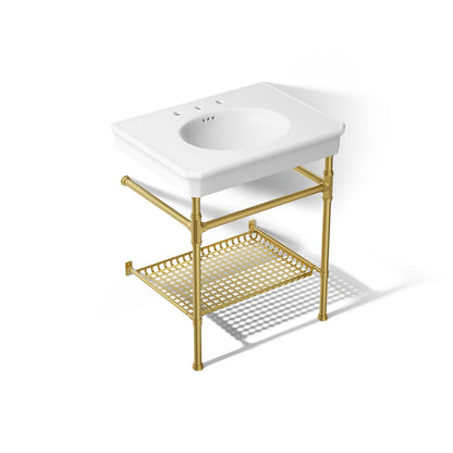 KOHLER K-39304-8 Claude 30" Rectangular Console Table Bathroom Sink, White with Vibrant Brushed Moderne Brass - 3/4 view of p