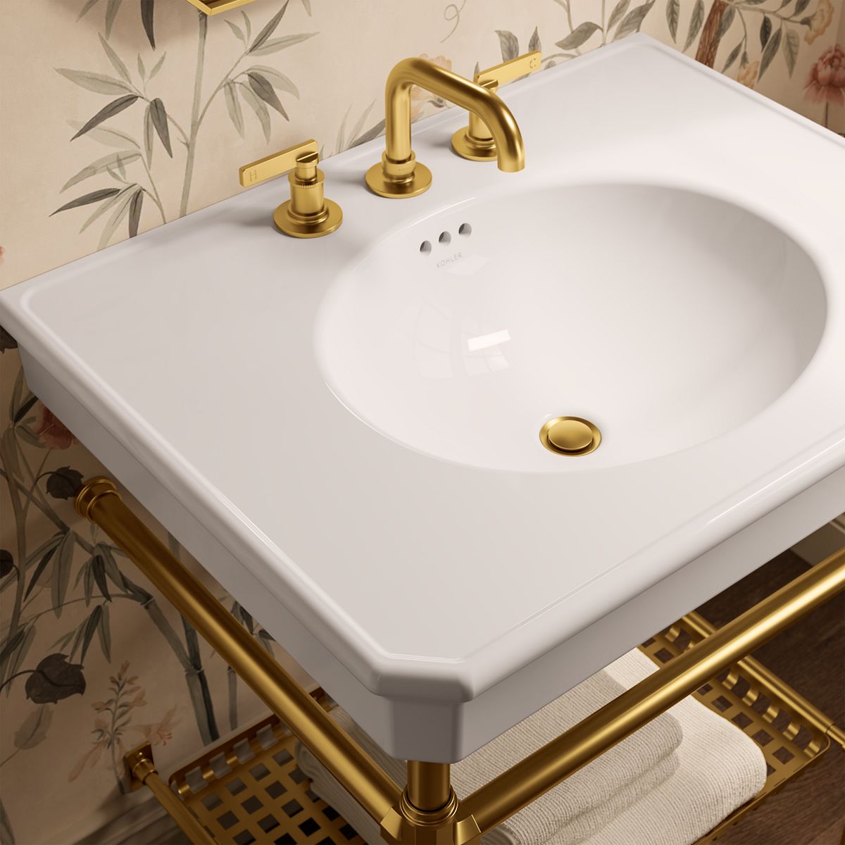 KOHLER K-39304-8 Claude 30" Rectangular Console Table Bathroom Sink, White with Vibrant Brushed Moderne Brass - Shows close u