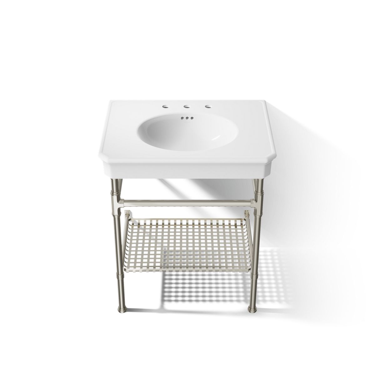 KOHLER K-39304-8 Claude 30" Rectangular Console Table Bathroom Sink, White with Vibrant Polished Nickel - Detail image of a p