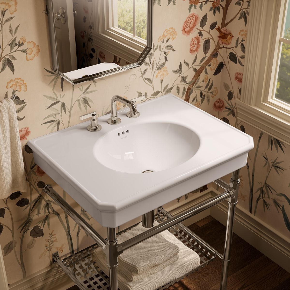 KOHLER K-39304-8 Claude 30" Rectangular Console Table Bathroom Sink, White with Vibrant Polished Nickel - image focused on si