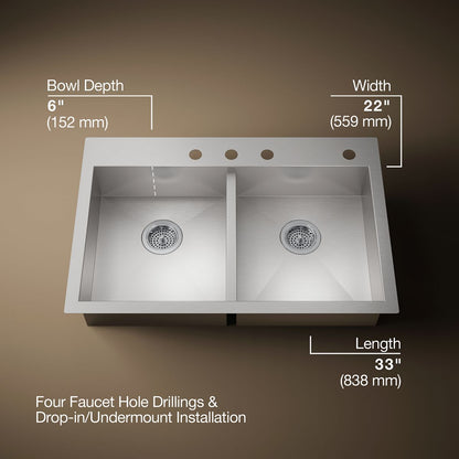 KOHLER K-3996-4 Vault 33" top-/undermount double-bowl kitchen sink