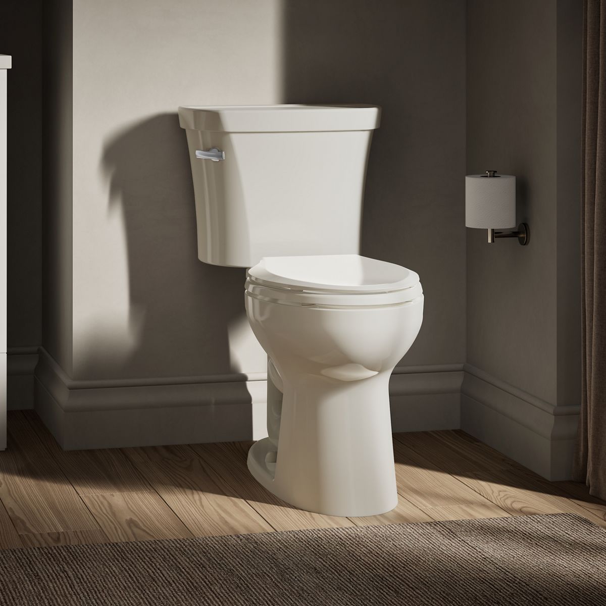 KOHLER K-43949 Highline Two-piece Elongated Toilet, 1.28 GPF, Biscuit - image focused on single product story