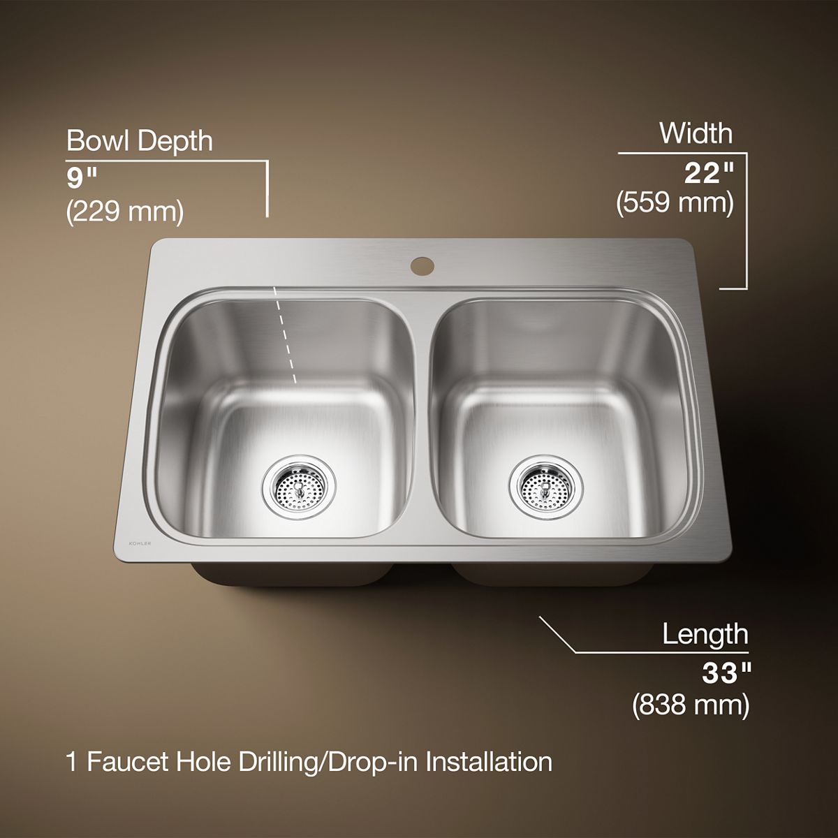 KOHLER K-5267-1 Verse 33" top-mount double-bowl kitchen sink