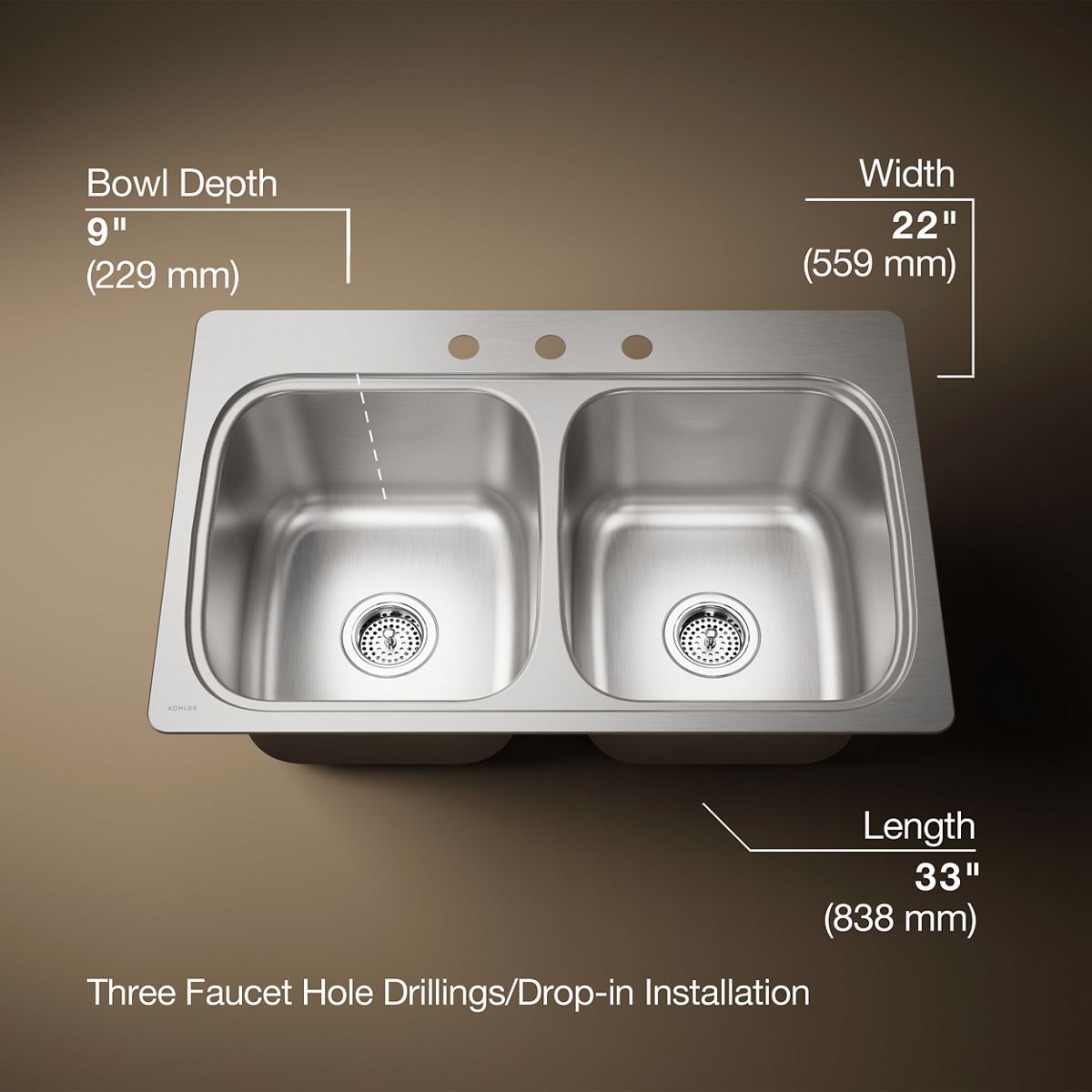KOHLER K-5267-3 Verse 33" top-mount double-bowl kitchen sink