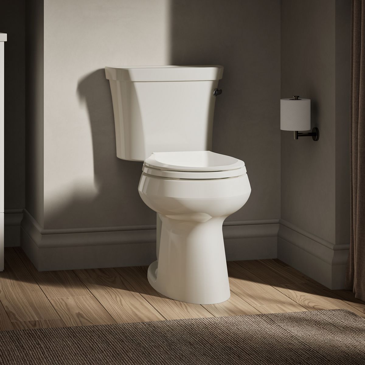 KOHLER K-5481-RA Highline ComForteeight Two-piece round-front 1.28 gpf chair height toilet with right-hand trip lever - Biscuit