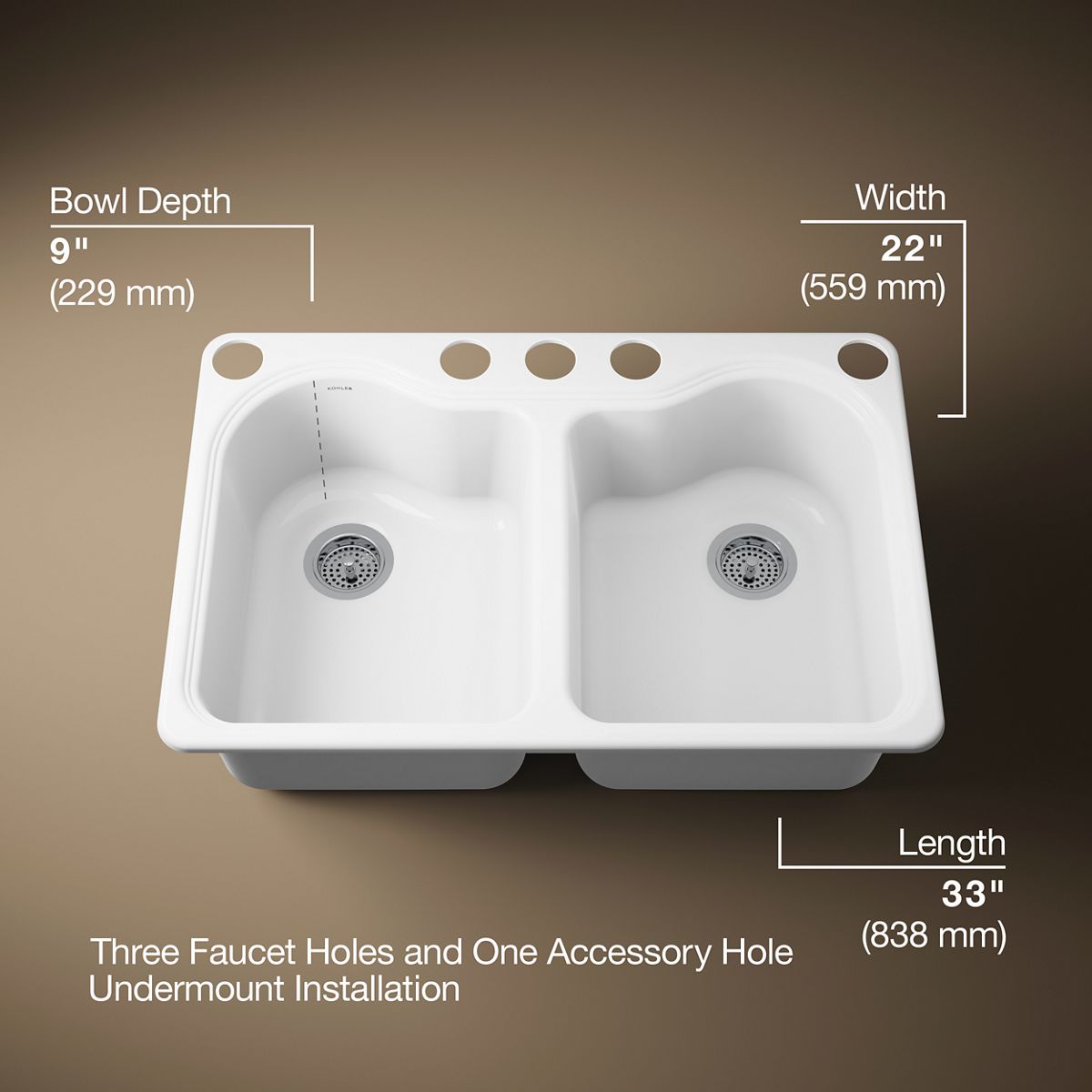 KOHLER K-5818-5U Hartland 33" undermount double-bowl kitchen sink