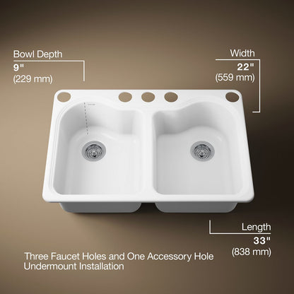 KOHLER K-5818-5U Hartland 33" undermount double-bowl kitchen sink