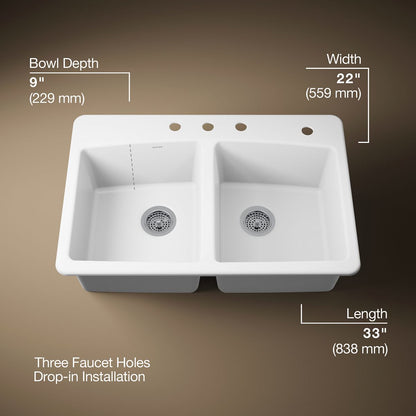 KOHLER K-5846-4 Brookfield 33" top-mount double-bowl kitchen sink