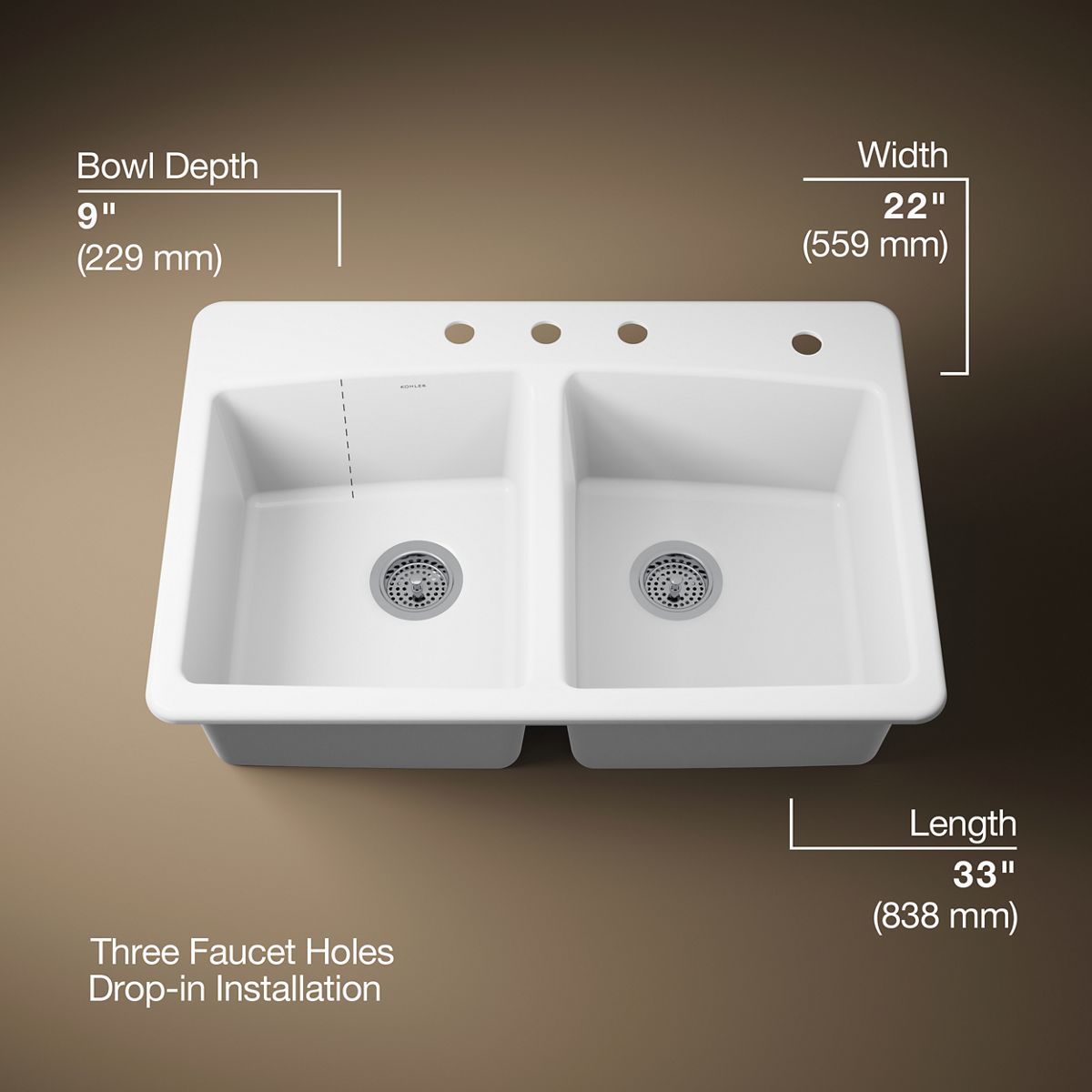 KOHLER K-5846-4 Brookfield 33" top-mount double-bowl kitchen sink