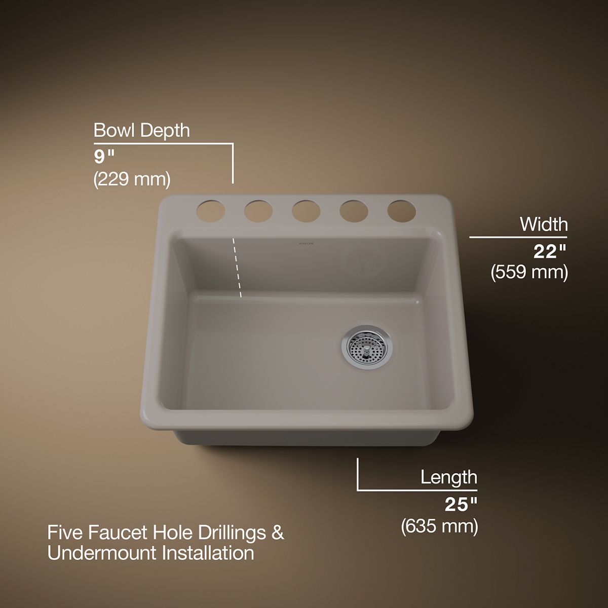 KOHLER Riverby 25" undermount single-bowl kitchen sink