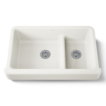 KOHLER K-6426 Whitehaven Smart Divide 35-1/2" undermount double-bowl farmhouse kitchen sink with short apron