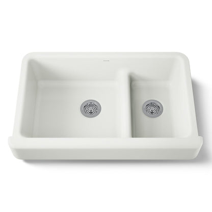 KOHLER K-6426 Whitehaven Smart Divide 35-1/2" undermount double-bowl farmhouse kitchen sink with short apron
