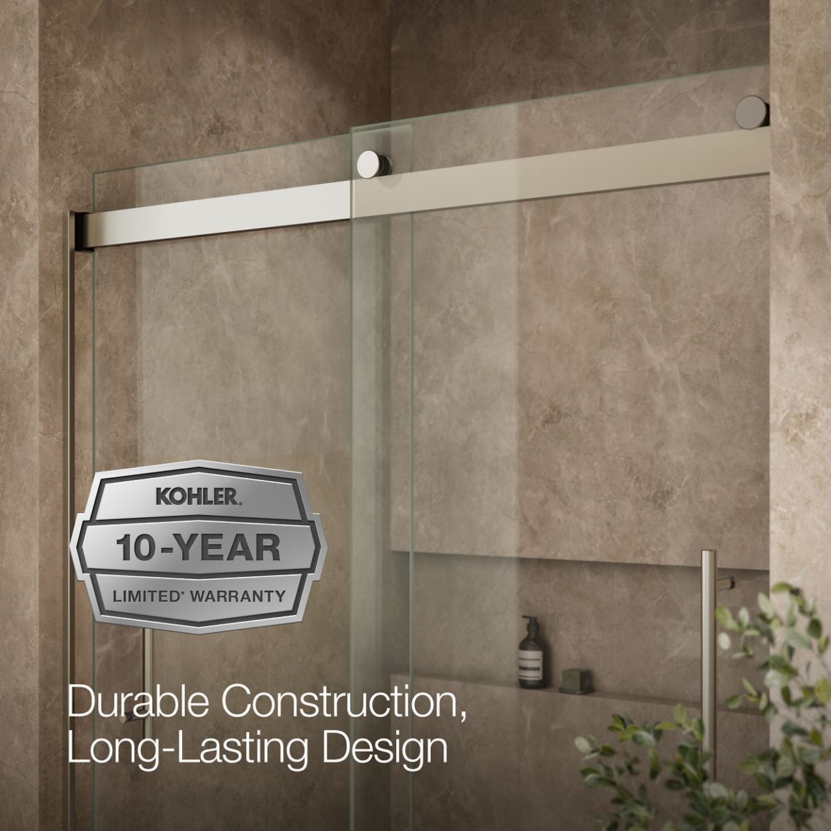 KOHLER K-702419-L Levity Plus Frameless sliding bath door, 61-9/16" H x 56-5/8 - 59-5/8" W, with 5/16"-thick Crystal Clear glass