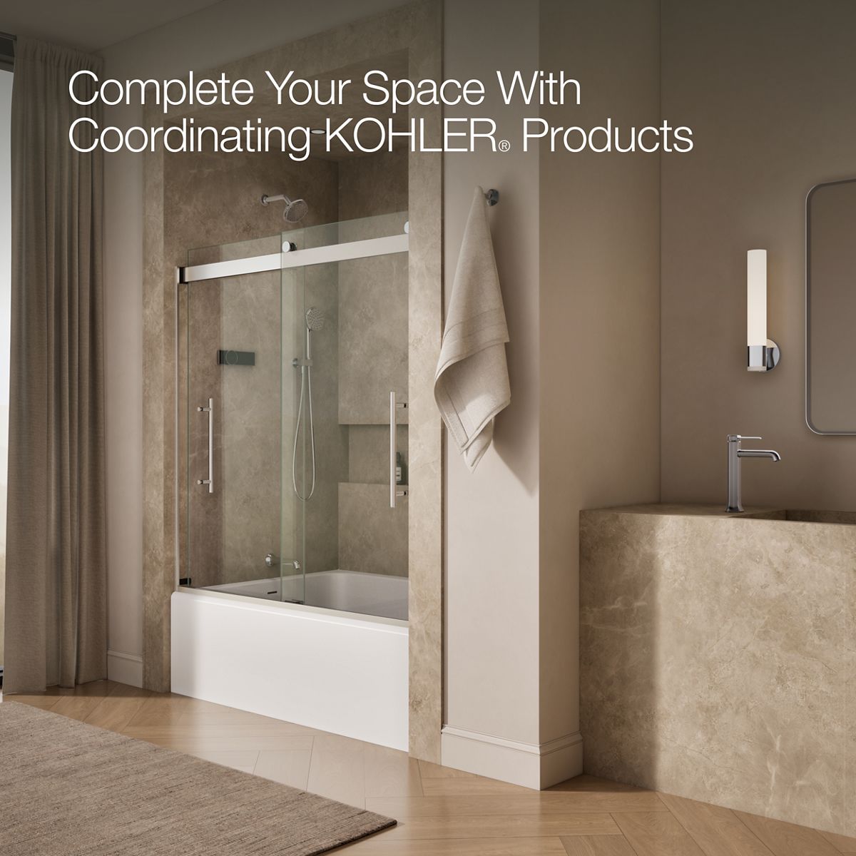 KOHLER K-702419-L Levity Plus Frameless sliding bath door, 61-9/16" H x 56-5/8 - 59-5/8" W, with 5/16"-thick Crystal Clear glass