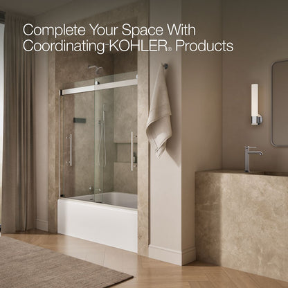 KOHLER K-702419-L Levity Plus Frameless sliding bath door, 61-9/16" H x 56-5/8 - 59-5/8" W, with 5/16"-thick Crystal Clear glass