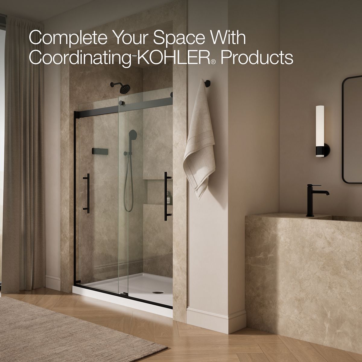 KOHLER K-702423-L Levity Plus Frameless sliding shower door, 77-9/16" H x 56-5/8 - 59-5/8" W, with 5/16"-thick Crystal Clear glass