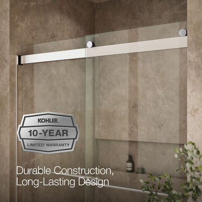 KOHLER K-702424-L Levity Plus Frameless sliding shower door, 77-9/16" H x 56-5/8 - 59-5/8" W, with 5/16"-thick Crystal Clear glass