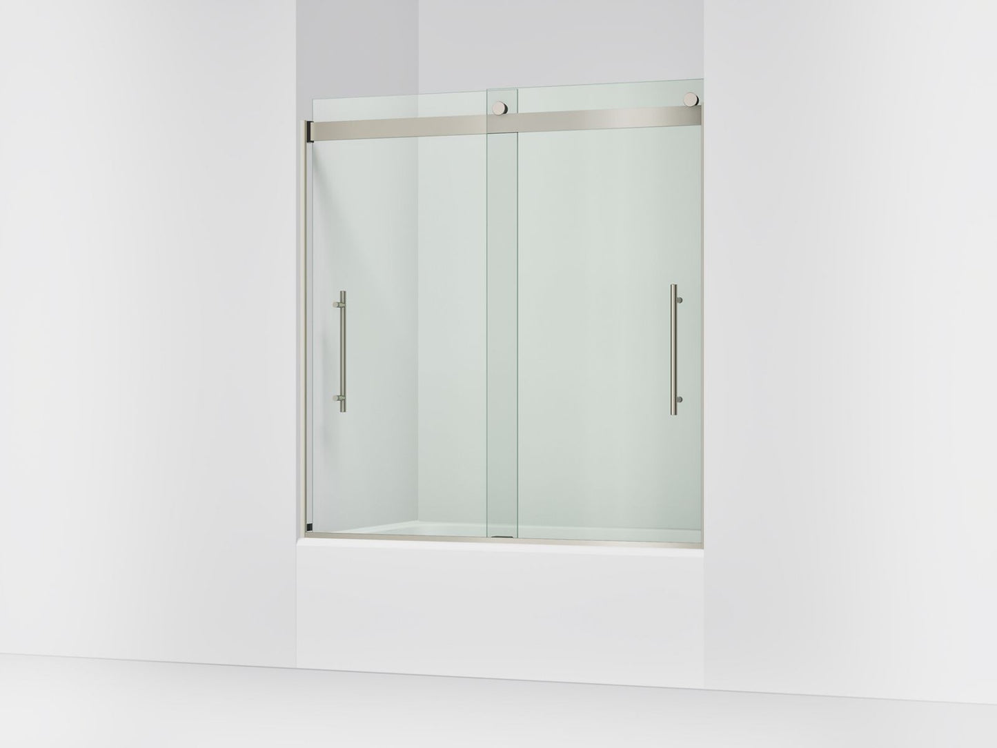 KOHLER K-702425-L Levity Plus Frameless sliding bath door, 61-9/16" H x 56-5/8 - 59-5/8" W, with 3/8"-thick Crystal Clear glass