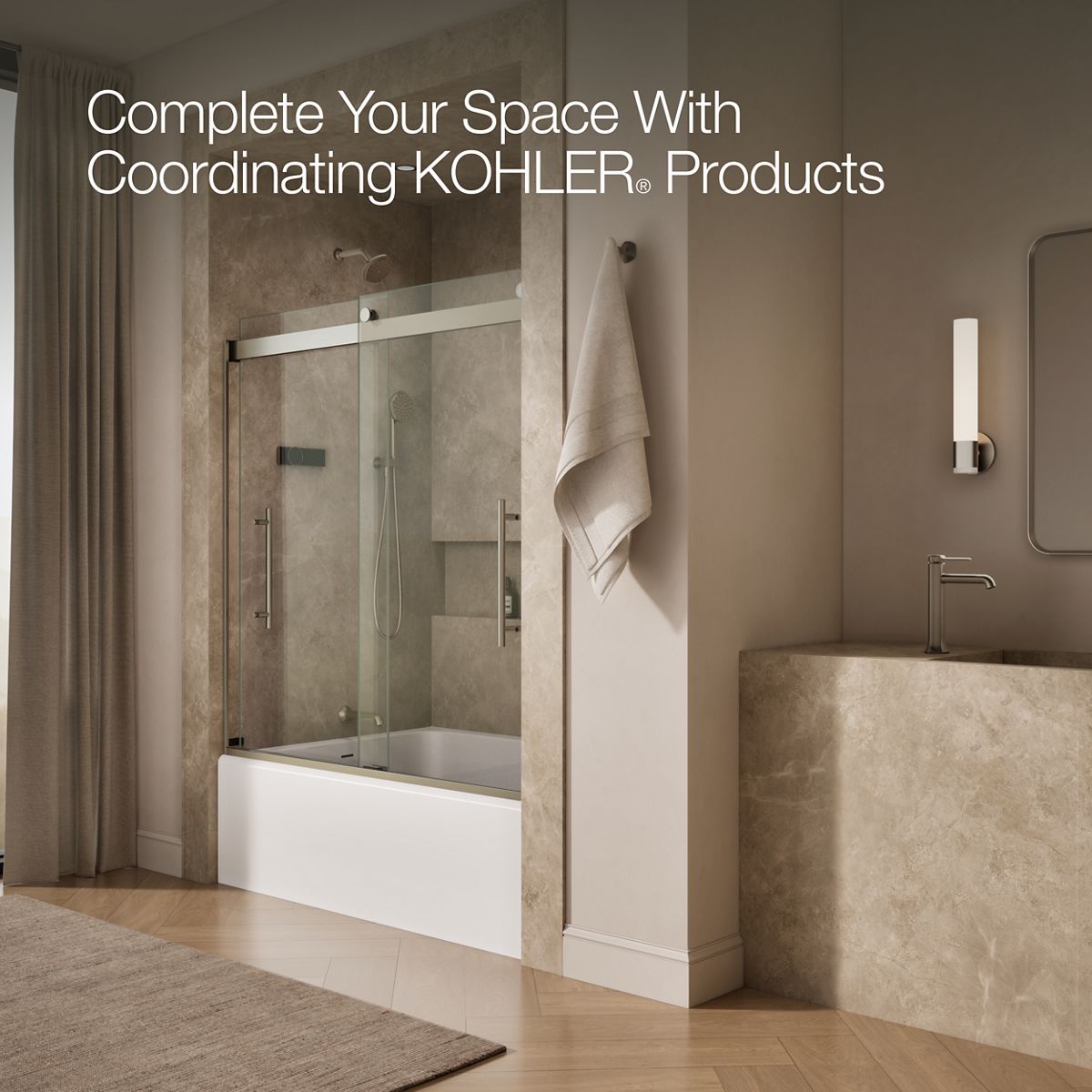 KOHLER K-702425-L Levity Plus Frameless sliding bath door, 61-9/16" H x 56-5/8 - 59-5/8" W, with 3/8"-thick Crystal Clear glass