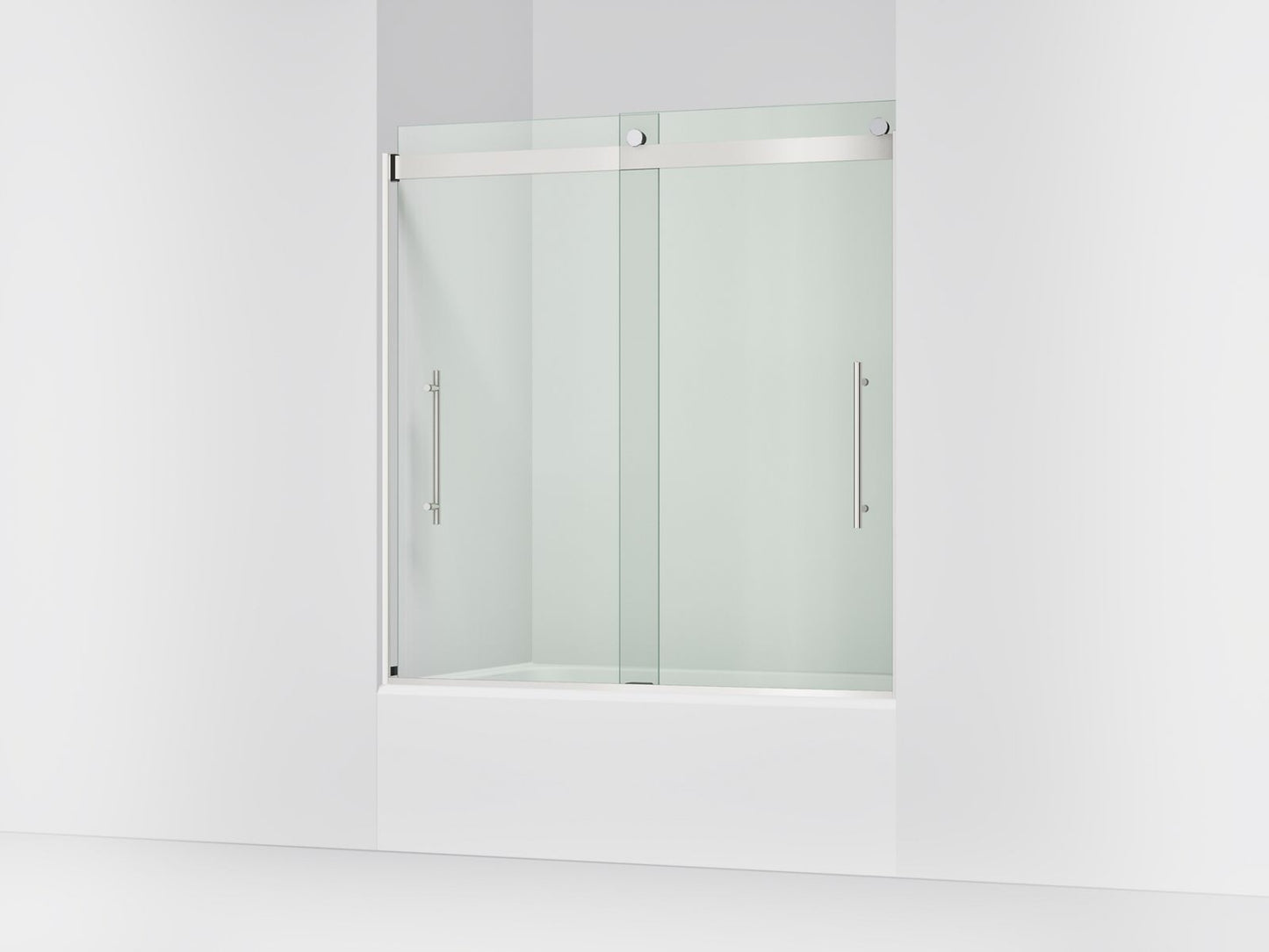 KOHLER K-702425-L Levity Plus Frameless sliding bath door, 61-9/16" H x 56-5/8 - 59-5/8" W, with 3/8"-thick Crystal Clear glass