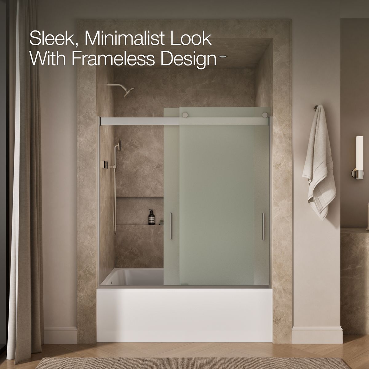 KOHLER K-706000-D3 Levity Sliding bath door, 62" H x 56-5/8 - 59-5/8" W, with 1/4" thick Frosted glass